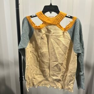 Day trip, distressed, exposed shoulder sweater
